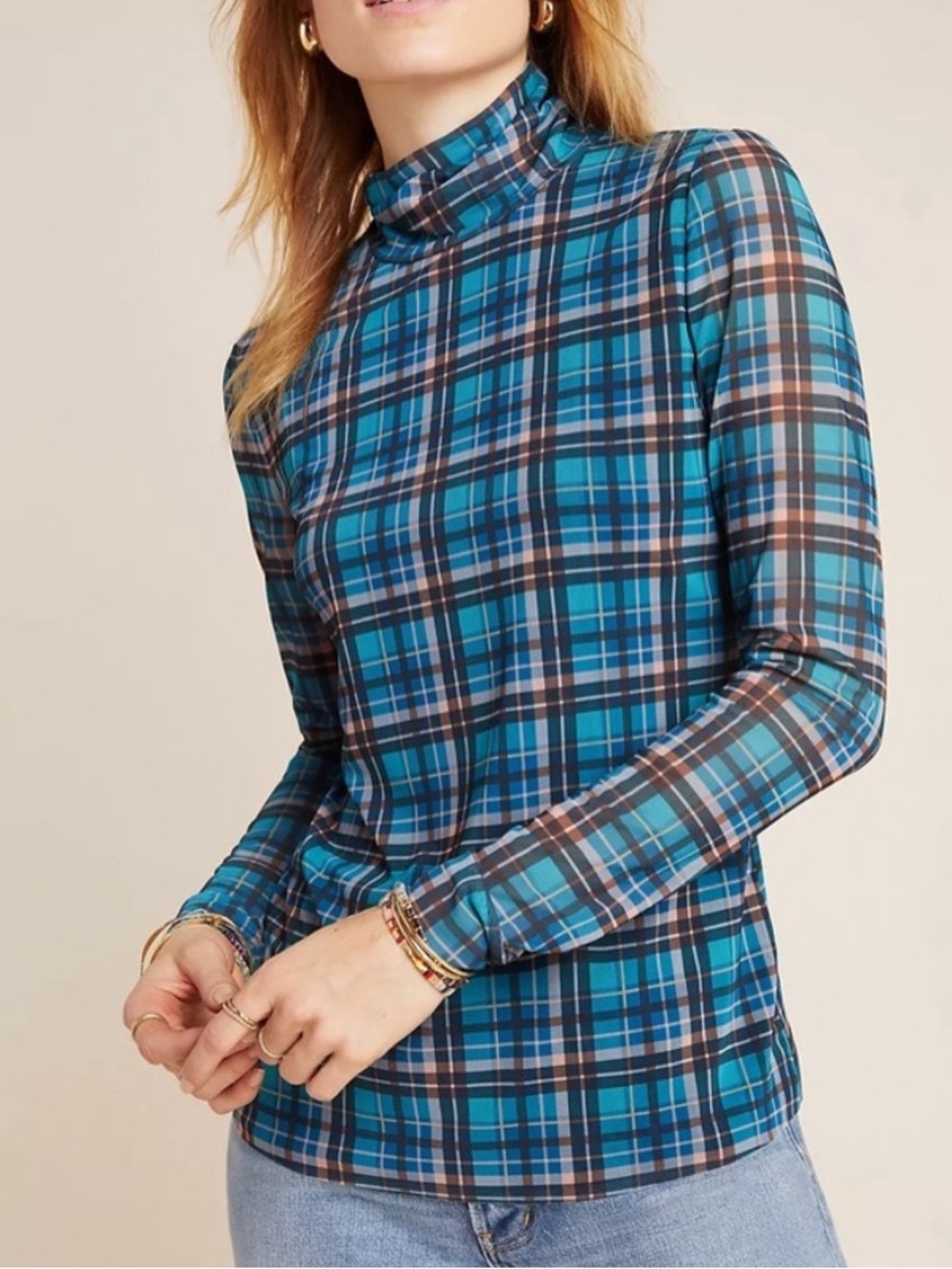Rebecca Taylor La Vie Plaid Mesh Turtleneck Blouse